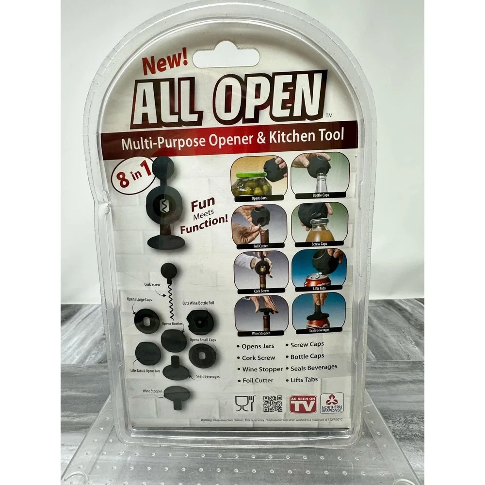 All Open Multi-Purpose Opener & Kitchen Tool ~8-in-1 Tool~ Black New‎ In Package